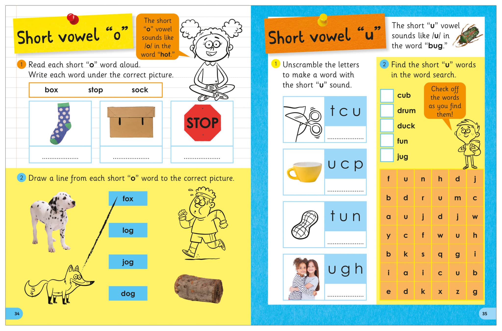 Pages from a children's educational workbook featuring exercises on short vowel