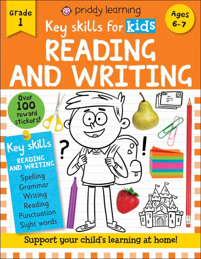 Colorful educational book cover titled "key skills for kids: reading and writing" for grade 1, ages 6-7, featuring a cartoon boy, fruit icons, pencil, stickers, and school imagery, emphasizing home learning support.