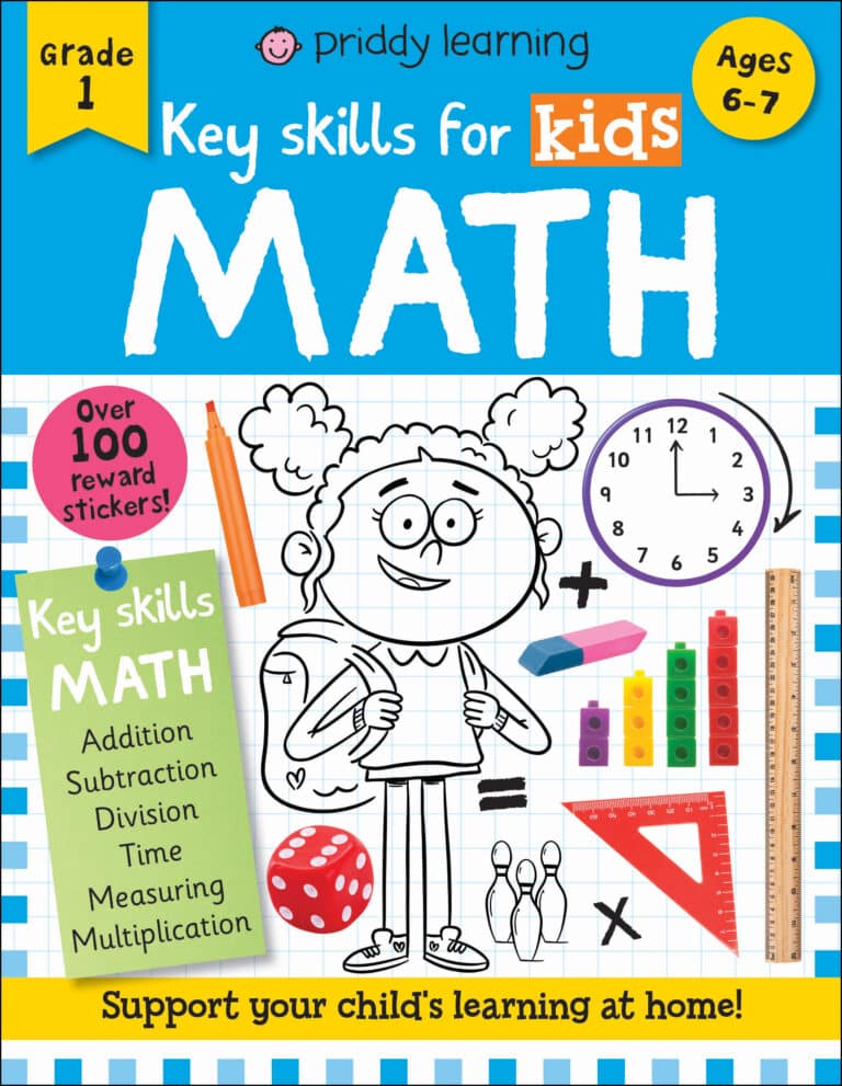 Cover of a grade 1 math skills workbook for children aged 6-7, featuring a cartoon girl, math symbols, a clock, and colorful blocks. the book includes over 100 reward stickers.