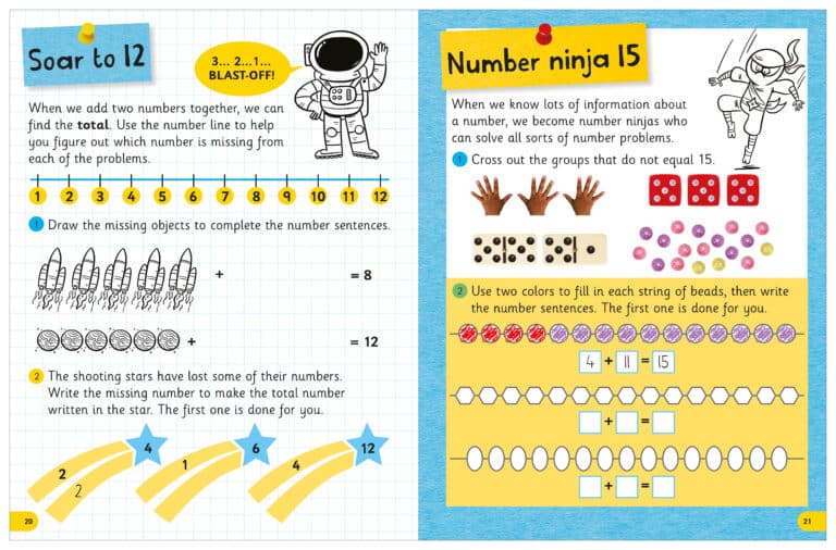 Pages from a children's math workbook featuring activities: "soar to 12," with a rocket theme for addition, and "number ninja 15," with a ninja character and subtraction beads. colorful and educational layout.