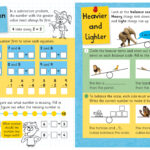 Educational workbook pages on subtraction and weight comparison. left page explains subtraction with colorful blocks and equations. right page teaches heavier vs. lighter with images of animals and balancing scales.