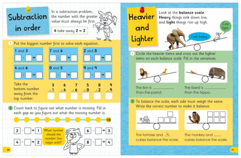Educational workbook pages on subtraction and weight comparison. left page explains subtraction with colorful blocks and equations. right page teaches heavier vs. lighter with images of animals and balancing scales.