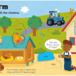 A colorful farm scene features farmers outside with chickens, a yellow delivery truck, and a person on a blue tractor. A chicken coop holds eggs, a rooster stands nearby, and a farmer searches for his missing watering can outside a red-roofed house with a child nearby.