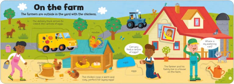 A colorful farm scene features farmers outside with chickens, a yellow delivery truck, and a person on a blue tractor. A chicken coop holds eggs, a rooster stands nearby, and a farmer searches for his missing watering can outside a red-roofed house with a child nearby.