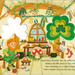 A whimsical workshop with a leprechaun shoemaker, colorful shoes, and clover-themed decorations.