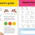 Children's handwriting guide with tips for holding pens and tracing uppercase letters, both left and right-handed.