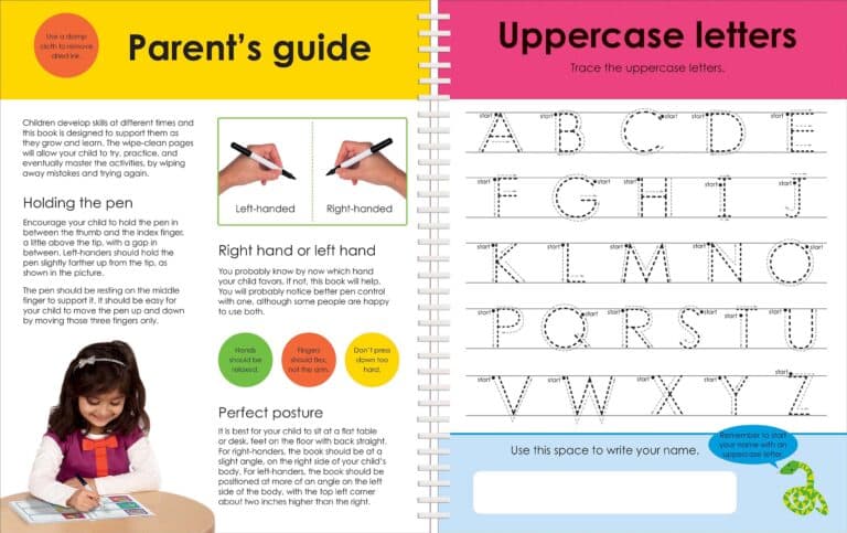 Children's handwriting guide with tips for holding pens and tracing uppercase letters, both left and right-handed.