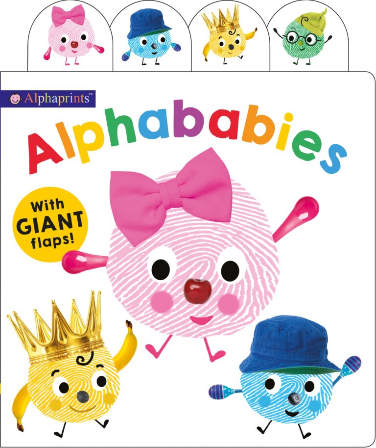 Colorful illustration for a children's book titled "alphababies," featuring cute, stylized characters representing letters, each with unique accessories like crowns and hats.
