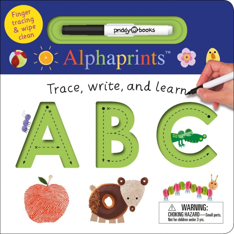 A child's hand holding a crayon, tracing the letter "c" on a colorful educational book titled "trace, write, and learn abc" with images of an apple, bear, and caterpillar representing letters a, b, and c.