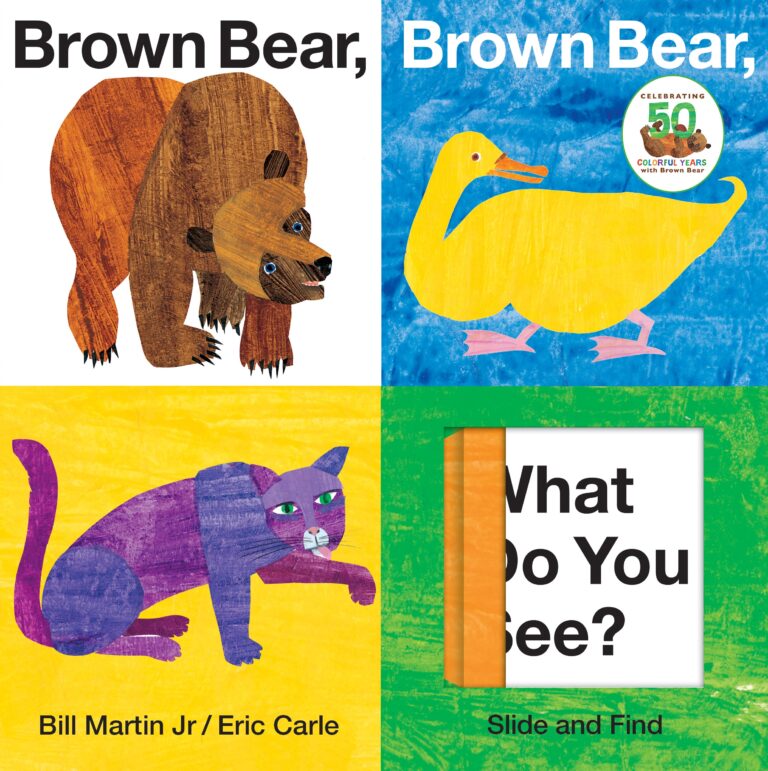 A collage of four colorful squares featuring illustrations from "brown bear, brown bear, what do you see?": a brown bear, a yellow duck, a purple cat, and a text square "what do you see?" by bill martin jr / eric carle.