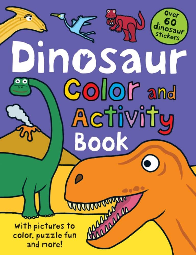 Colorful cover of a "dinosaur color and activity book" featuring cartoon dinosaurs, including a green brachiosaurus and orange t-rex, with text promoting over 60 stickers, pictures, and more activities.