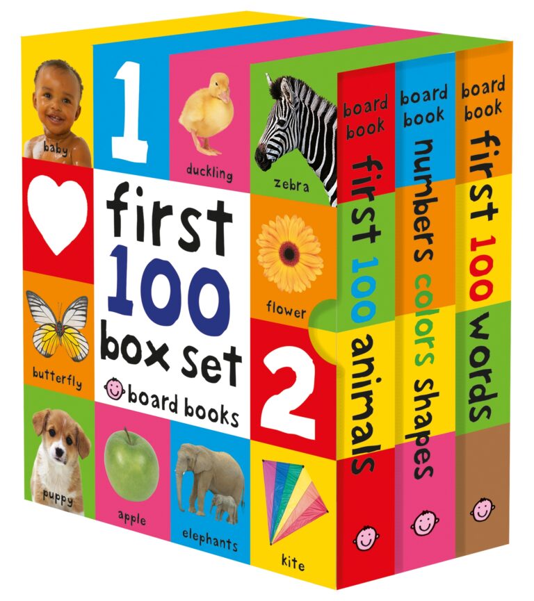 A colorful "first 100 board books set" for babies featuring images of a baby, duckling, zebra, butterfly, puppy, apple, elephant, and kite, focusing on numbers, colors, shapes, and words.