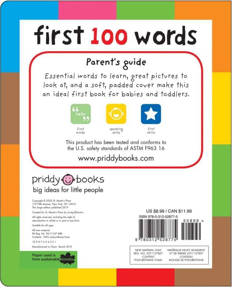 colorful book cover titled "first 100 words," featuring text blocks about the book being a soft, padded guide for babies and toddlers. includes a price tag, isbn, and logos for sustainable resources.