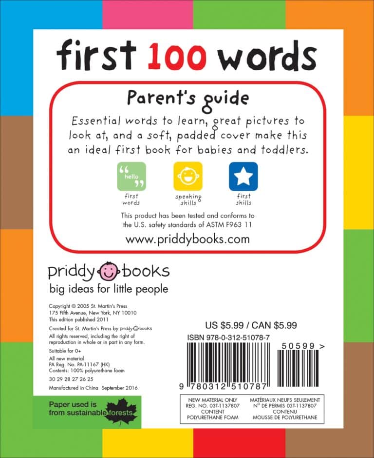 An image of the cover of the book "first 100 words" showing large, colorful text, a padded cover icon, and price details, emphasizing it's a guide for essential early words with a sustainable sources badge.