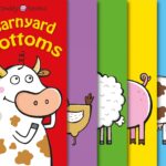A colorful book cover titled "barnyard bottoms" showing the back ends of four cartoon farm animals, including a cow and a sheep, each on a different colored background.