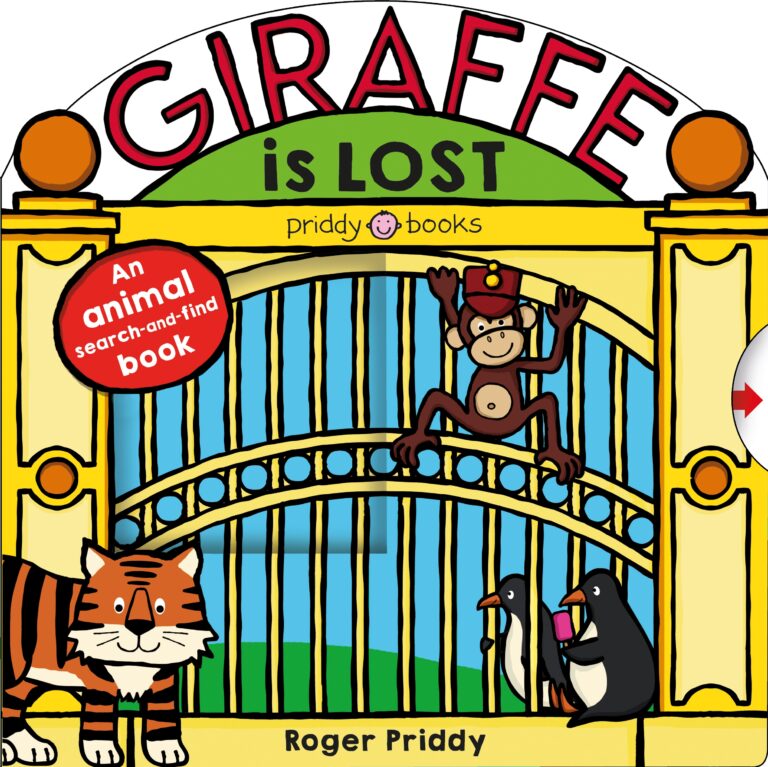Colorful book cover titled "giraffe is lost" by roger priddy, featuring a monkey sitting on a stylized gate with a tiger and penguin below. the design includes the text "an animal search-and-find book.