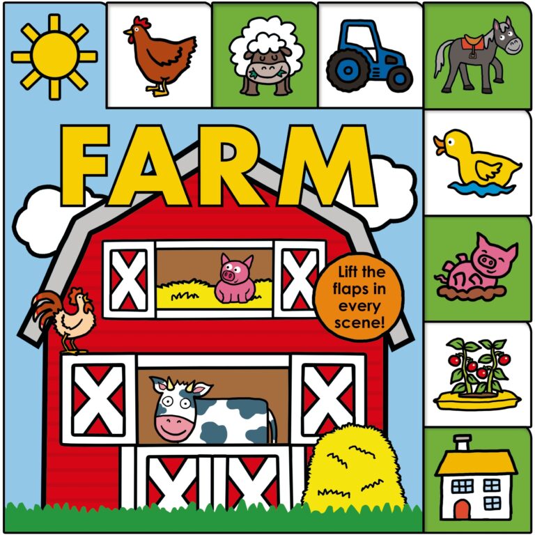 Colorful illustration of a farm featuring a large red barn surrounded by animals such as a cow, pig, horse, and chicken, along with a tractor, a sheep, a duck, a house, and the sun. text reads "farm: lift the flaps in every scene!.