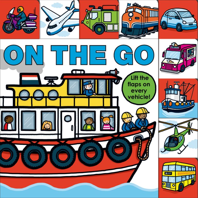 Colorful children’s book cover titled "on the go" featuring various vehicles including a plane, train, cars, a boat, and a helicopter, with interactive flaps shown on a ferry.
