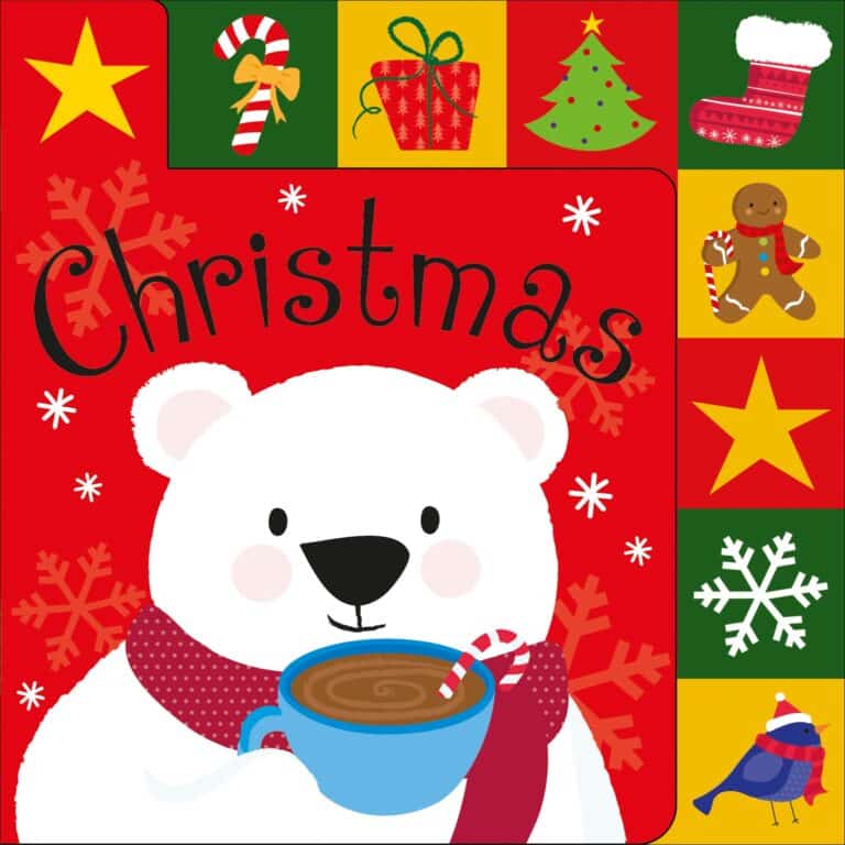 A festive holiday-themed illustration featuring a cute polar bear wearing a scarf, holding a mug of hot cocoa, surrounded by squares with christmas motifs like stars, a tree, gifts, and a gingerbread man.