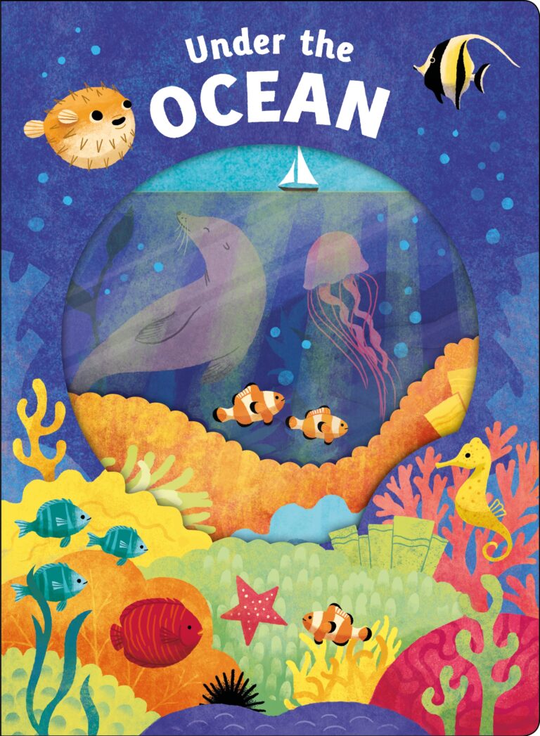 Illustration from a children's book titled "under the ocean," featuring a colorful underwater scene with various sea animals, coral, and a treasure chest, enclosed in a circular frame.