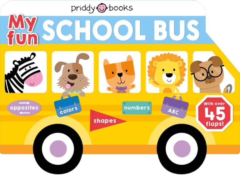 Illustration of a colorful school bus with animal characters including a zebra, dog, cat, and lion, each holding a book labeled with educational topics like colors and numbers.