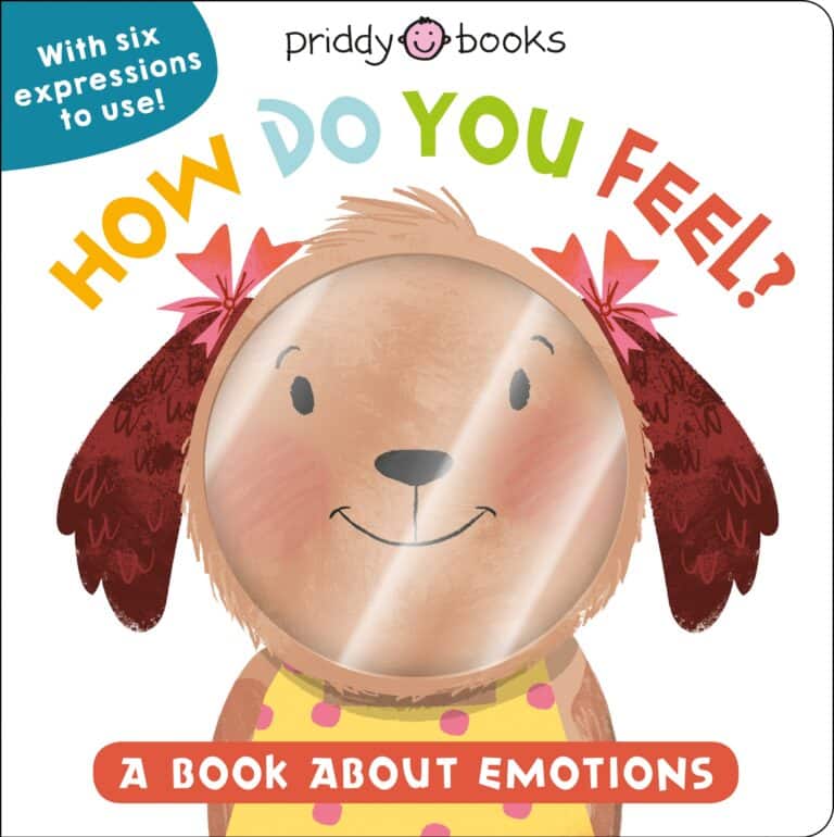 Cover of a children's book titled "how do you feel?" featuring an illustration of a smiling cartoon dog with brown and red fur, and the logo of priddy books in the corner.