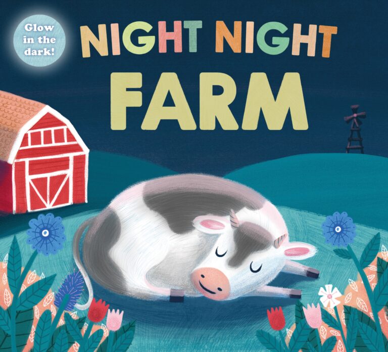 Illustration of a children's book cover titled "night night farm", featuring a sleeping cow in a lush field with colorful flowers, a red barn, and a windmill in the background, under a dark blue sky.