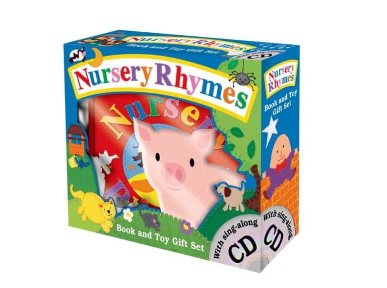 Colorful "nursery rhymes" book and toy gift set packaging with images of a pig, sheep, and a house, also includes a cd. the box suggests the set is for children and educational.