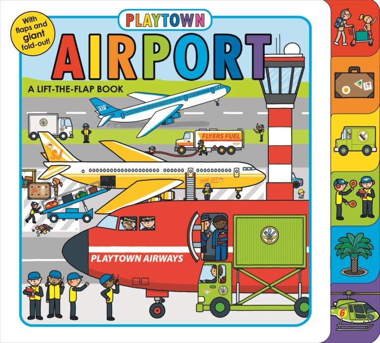 Illustration from a children's book titled "playtown airport" featuring colorful drawings of an airport, airplanes, workers, and vehicles including a fuel truck and a helicopter.