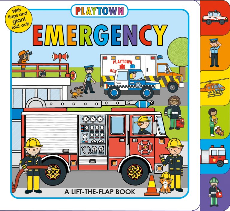 A colorful "playtown emergency" book cover with illustrations of emergency responders and vehicles, including firefighters, an ambulance, and a fire truck, in a cartoon style.