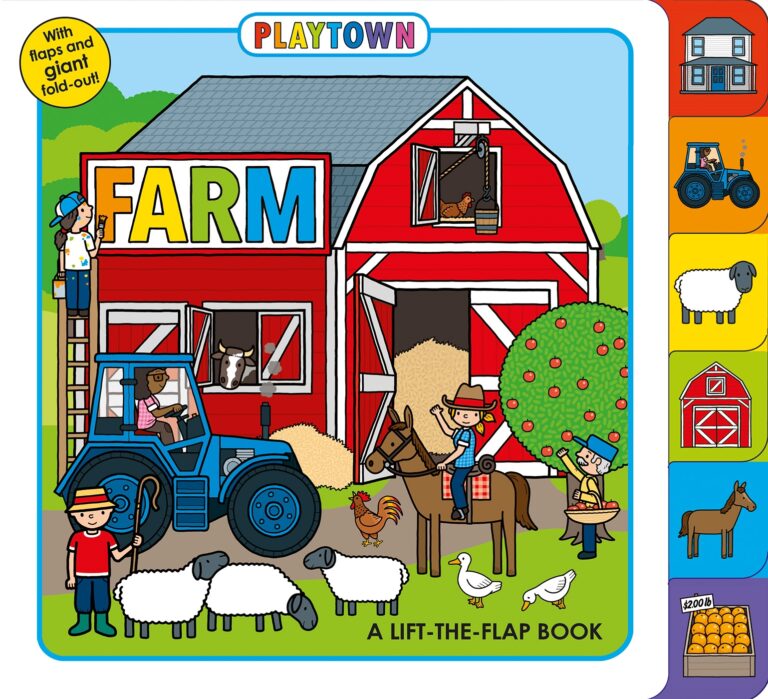Illustration of a colorful children's book cover titled "playtown: farm," featuring a large red barn, a blue tractor, various farm animals, and two cartoon farmers, with flap and fold-out features indicated.