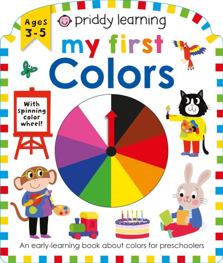 Colorful cover of "my first colors" by priddy learning, featuring a monkey, cat, and rabbit with a color wheel, blocks, paint, and balloons, aimed at preschoolers aged 3-5.