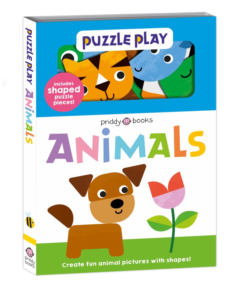 A colorful children's puzzle book titled "puzzle play animals" featuring various animal faces and a prominent image of a cartoon-style brown dog and a red flower on the cover.