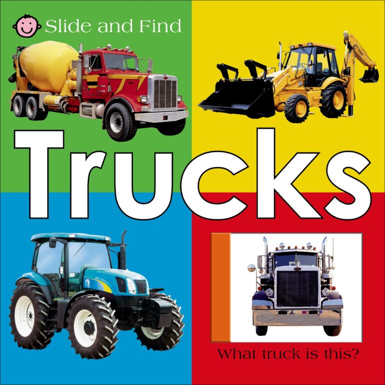 A colorful children's book cover titled "trucks," featuring images of four different trucks: a cement mixer, a fire engine, a tractor, and a semi-truck, with a text overlay asking "what truck is this?.