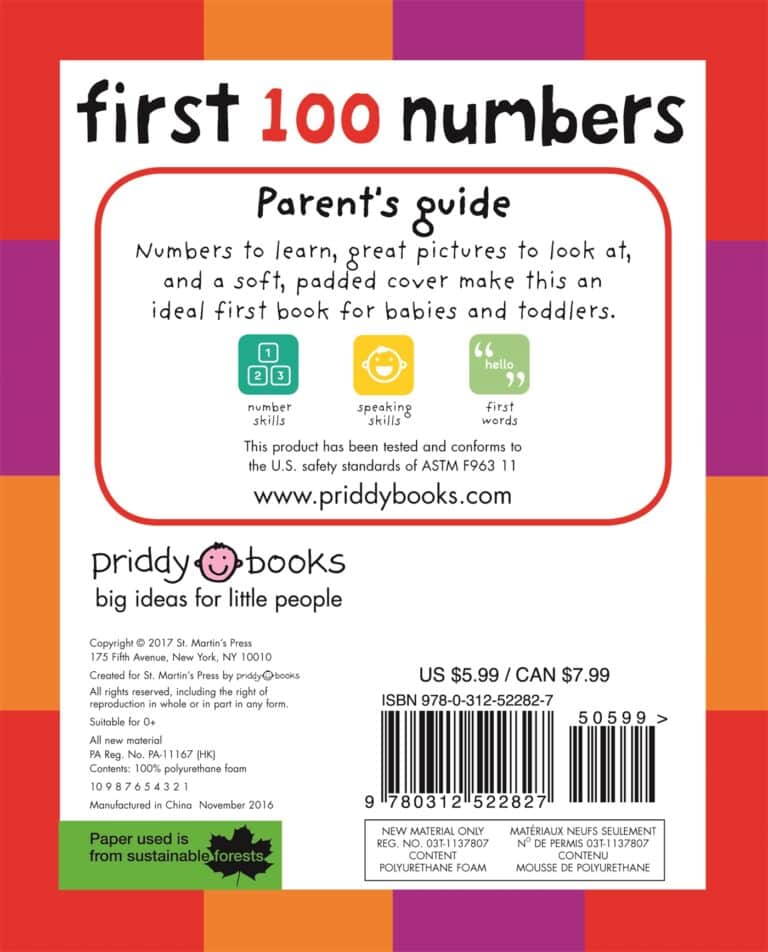 A colorful book cover titled "first 100 numbers," highlighting it as a parents' guide with padded cover, ideal for babies and toddlers. includes price, isbn, and details about sustainable sources.