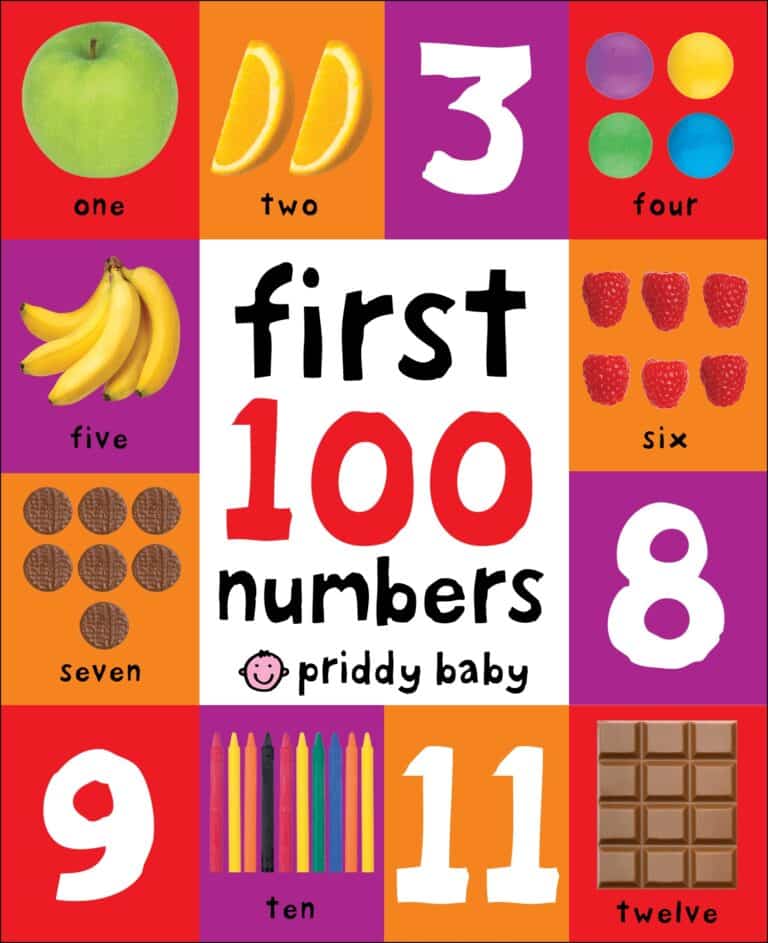 Colorful educational chart for children showing numbers 1-12 with corresponding images of fruits and objects, titled "first 100 numbers" by priddy baby.