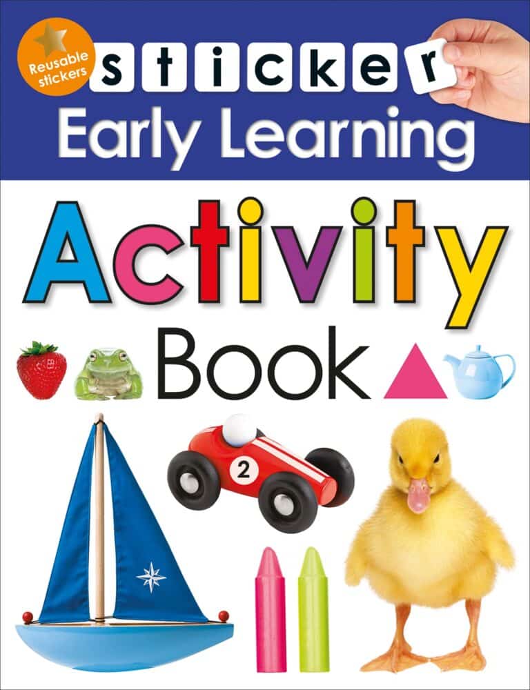 Cover of an "early learning activity book" featuring colorful images of a sailboat, race car, duckling, crayons, and various objects, with a hand peeling a corner of a 'sticker' label.