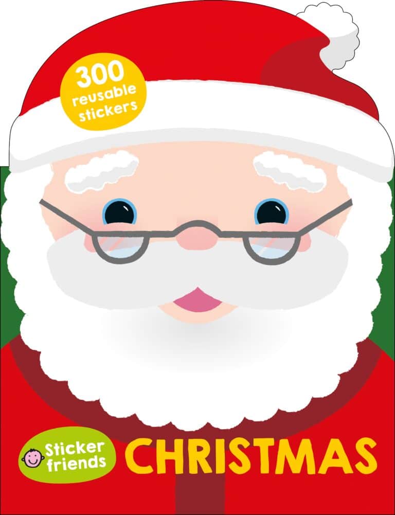 Illustration of a smiling santa claus wearing glasses and a red hat, with text announcing "300 reusable stickers" and "sticker friends christmas" at the bottom.