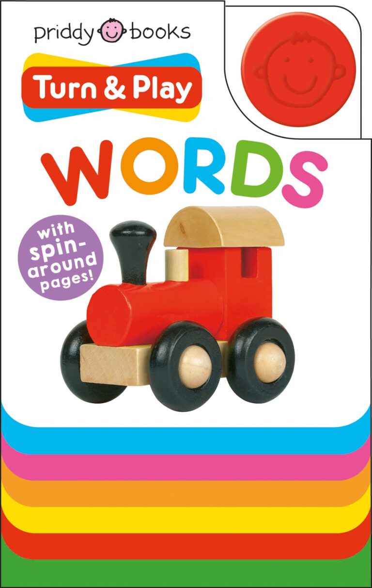 A colorful children's book cover labeled "turn & play words" by priddy books, featuring a bright red toy train above multicolored horizontal stripes, with a red smiley face in the top right corner.