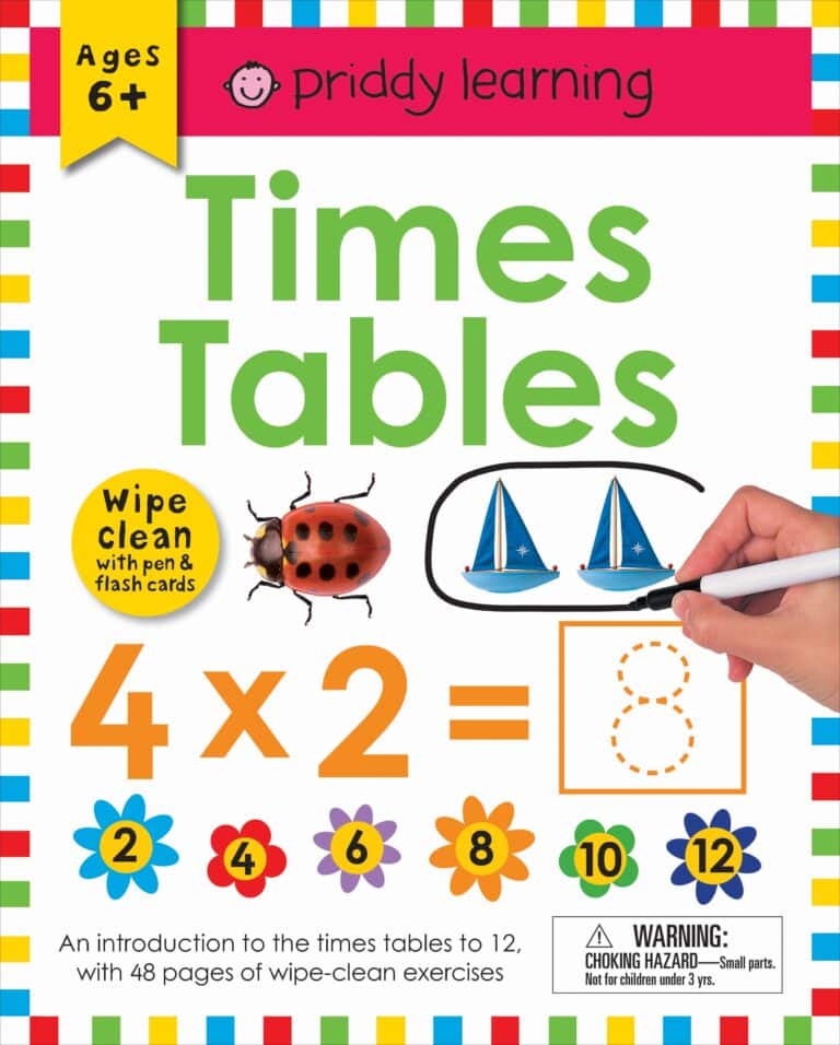 Cover of a children's educational book titled "times tables" for ages 6 and up, featuring illustrations of a ladybug, boats, and colorful numbers, with a warning label for children under 3 years.