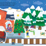 Illustrated snowy village scene with a train station, Christmas tree, snowman, and people in winter clothing.