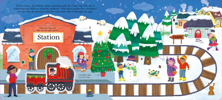 Illustrated snowy village scene with a train station, Christmas tree, snowman, and people in winter clothing.