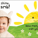 Baby in lamb costume with smiling sun and flowers, text: "Rise and shine, little lamb! How many flowers can you count?.