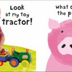 A toddler plays with a toy tractor and animals; a pink pig illustration asks, "What color is the piglet?.