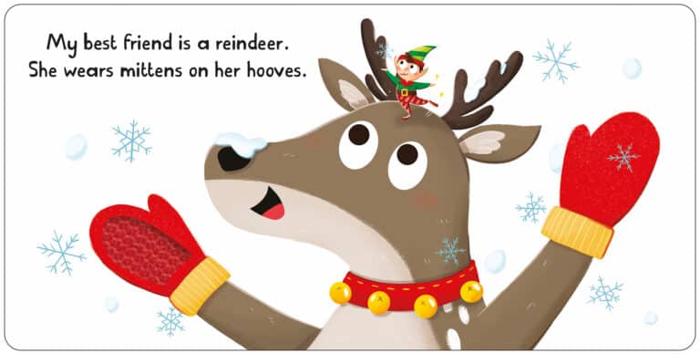 A reindeer with red mittens on its hooves, an elf on its head, and snowflakes falling around.