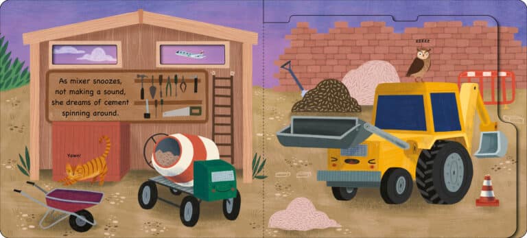 A sleeping owl and cat near construction equipment, with a mixer and wheelbarrow, under a starry sky.