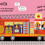 Illustration of a fire truck speeding past buildings while making loud "NEE-NAW! NEE-NAW!" sounds. A man walks his dog on the left, and two firefighters are seen in the truck. A woman on the right holds a bag, with flames visible in the background.
