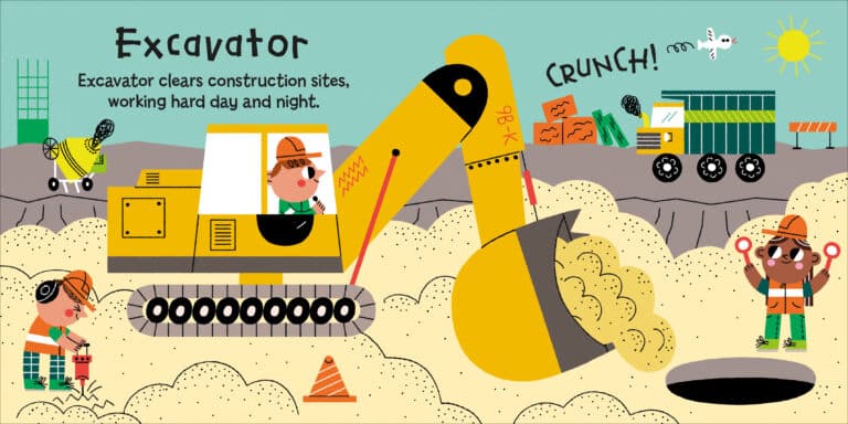 Illustration of an excavator at a construction site. The yellow excavator, labeled "98-K," is scooping up dirt with children in construction gear nearby. One child is directing with signals, and another is holding a gadget. The text reads, "Excavator clears construction sites, working hard day and night." Sun is shining, adding brightness to the scene.