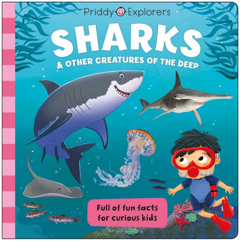 Book cover with cartoon sharks, jellyfish, and a diver. Title: "SHARKS & OTHER CREATURES OF THE DEEP.