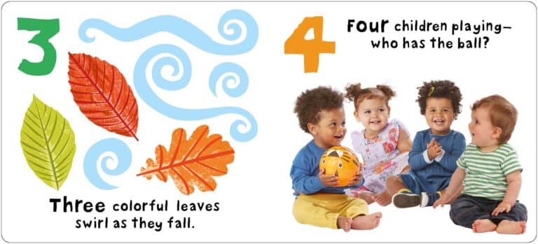 Three colorful leaves and four children playing with a ball on a white background.